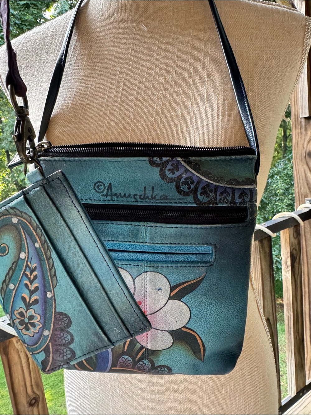 Anna by Anuschka Leather Crossbody Bag & Matching Card Case Wallet Set 2 Floral